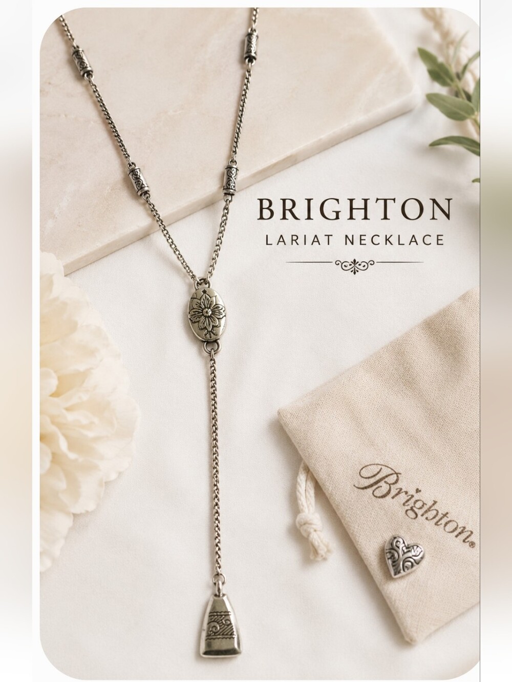 Brighton Retired Silver Tone Floral Lariat Y-Necklace Adjustable Boho Chic